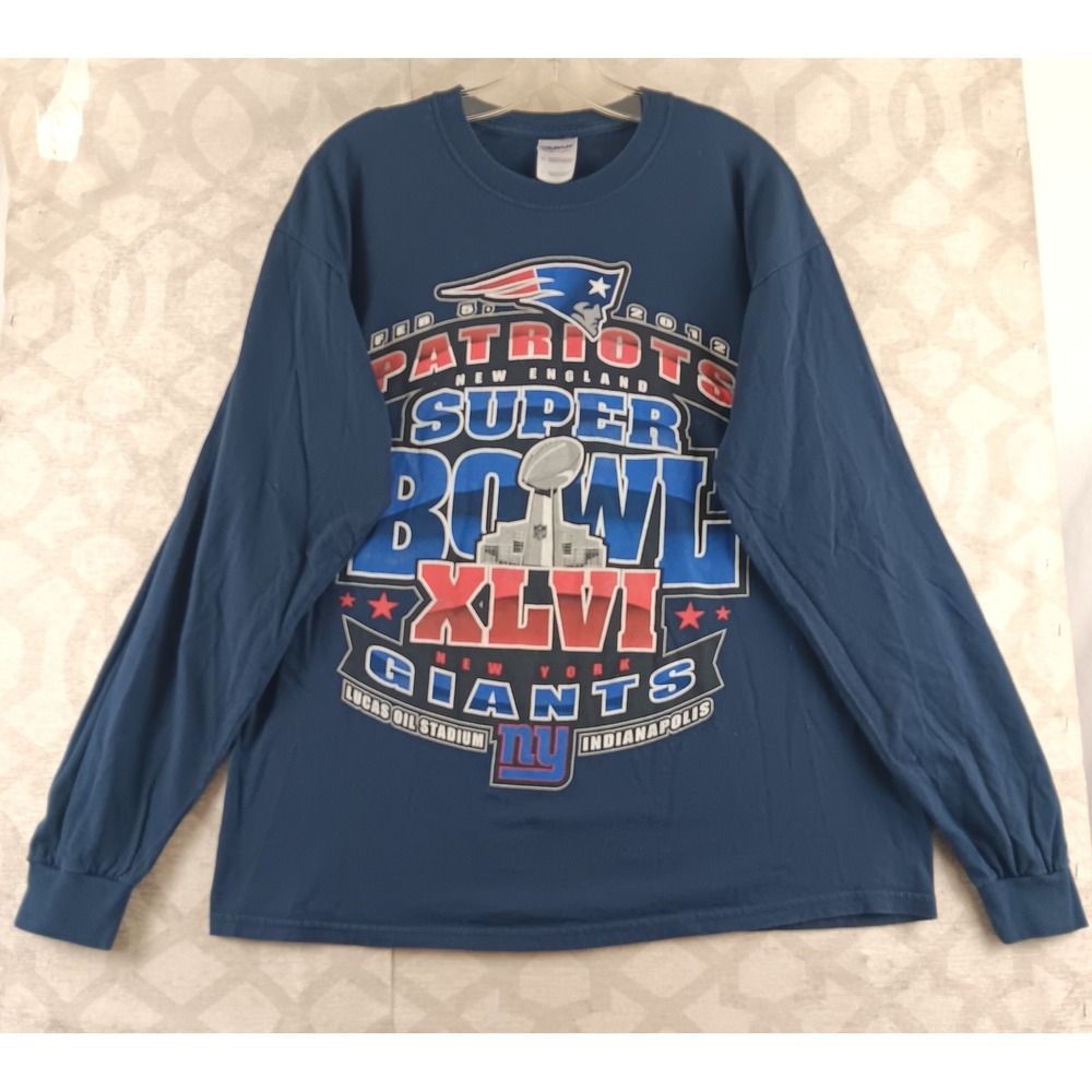 Mens Gildan Patriots Super Bowl XLVI Long Sleeve T Shirt Size Large Navy Blue